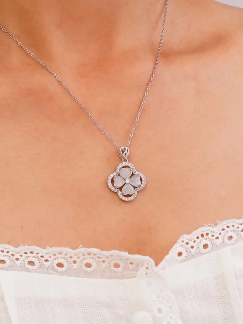 White Gold over Stainless Steel Clover Pendant Necklace - Gray Stone